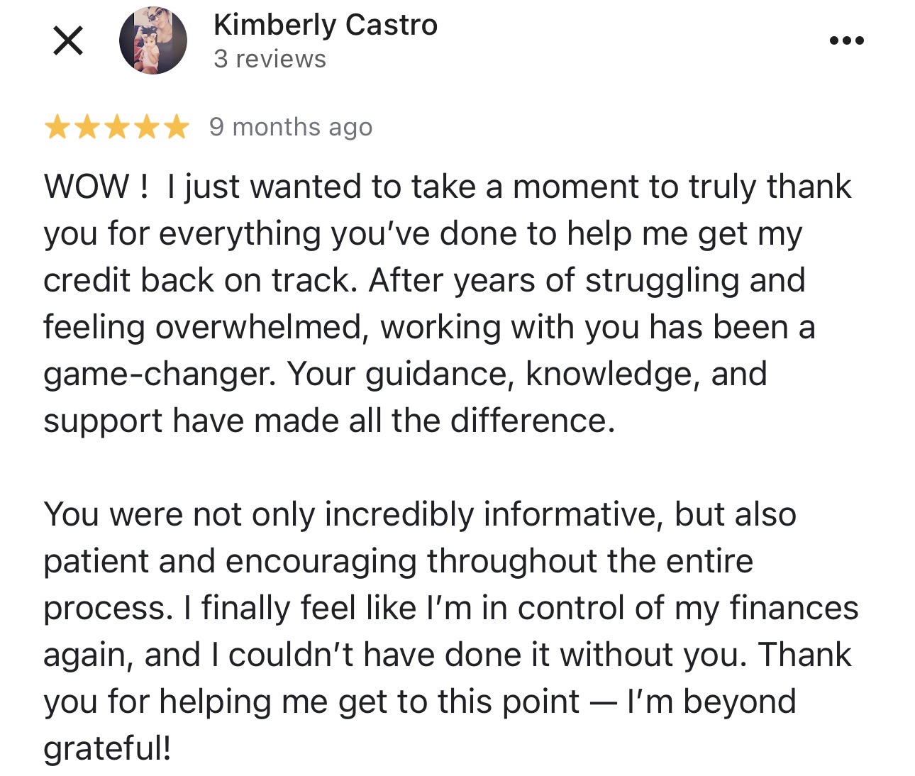 5-star Google review from Kimberly Castro